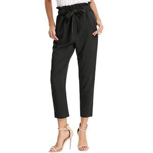 High Waisted Paper-bag Ankle Pants with Tie Black